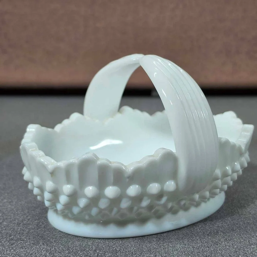 Fenton Basket Milk Glass White Excellent Hobnail Scalloped Split Handle 6.5in